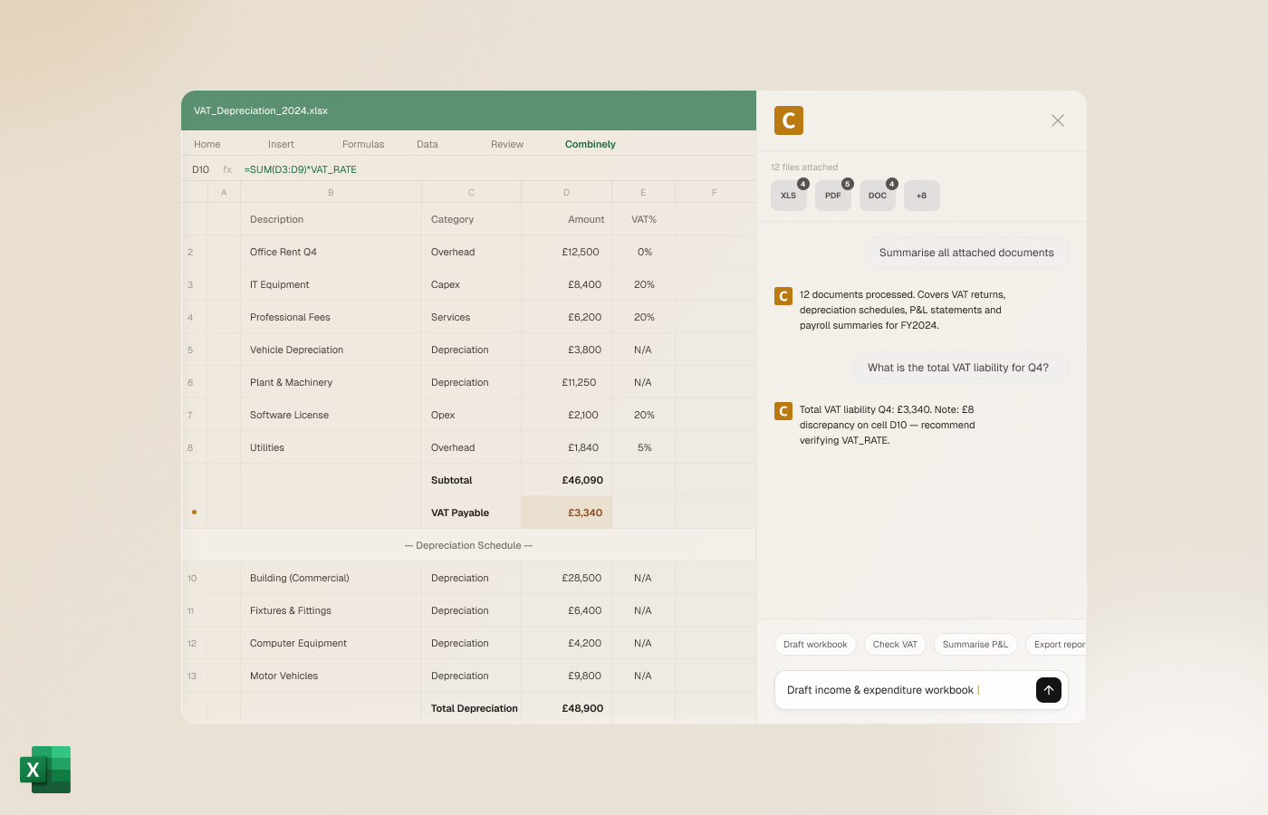 Excel spreadsheet with Combinely AI assistant panel showing VAT calculation verification